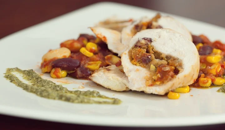 Close up of chicken dish with salsa