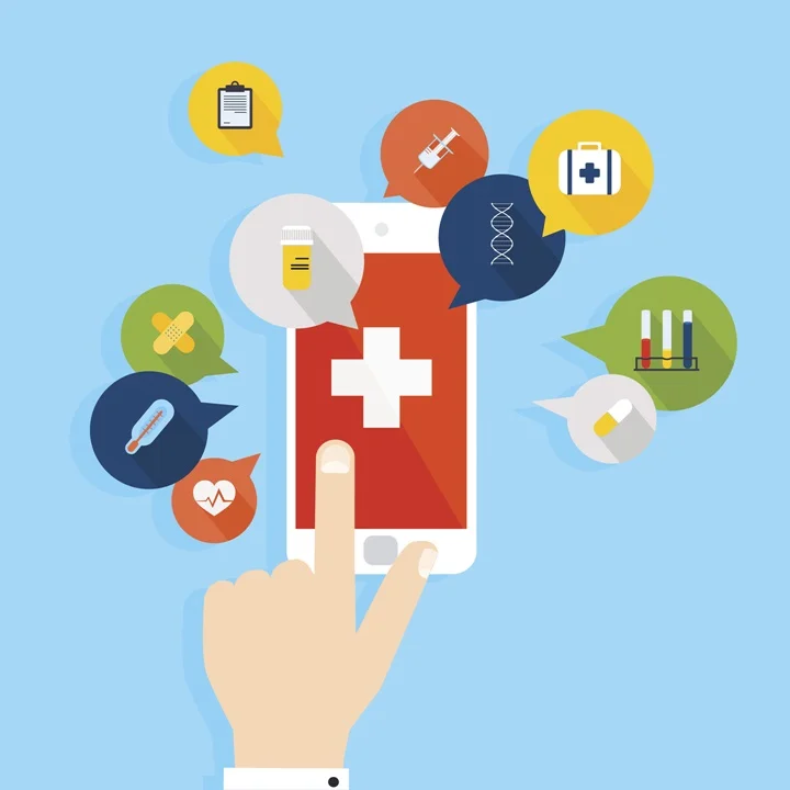 Mobile phone with health application open with hand. Vector mode