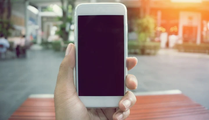 Man's hand shows mobile smartphone in vertical position