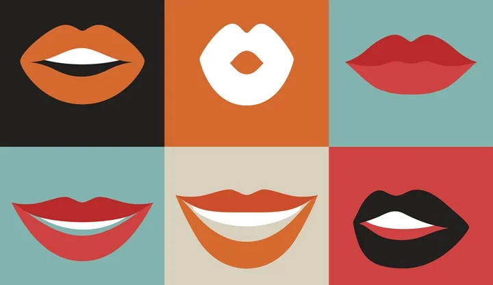 Female lips set. Mouths with red lipstick in variety of